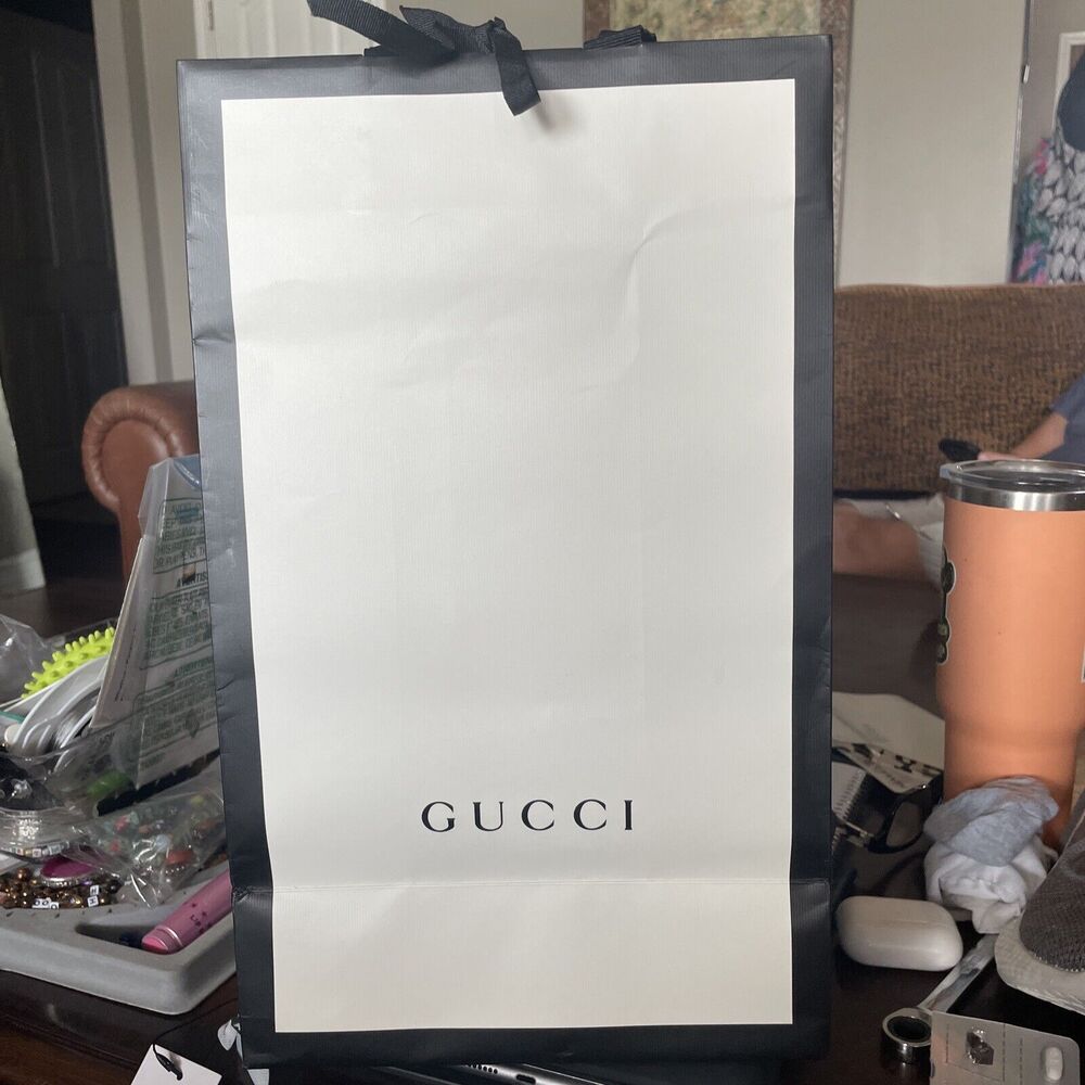Gucci Gift Shopping Bag Paper White Black Trim 15"x9"x5.5" Ribbon Designer Core